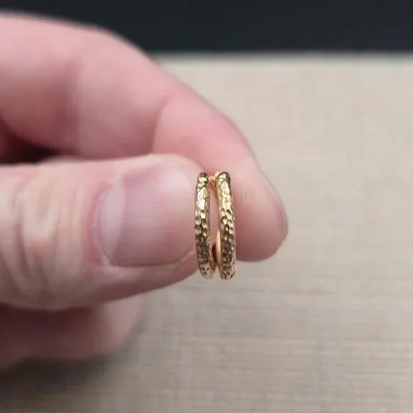 Gold Over Sterling Silver Small Textured Hoop Earrings A7027 - Picture 2 of 6